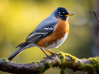 Fototapeta premium American robin bird sitting on a branch, blurry forest background 
