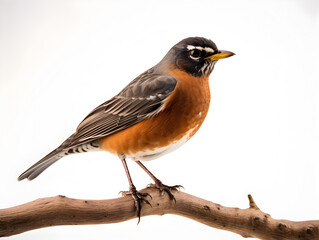 Obraz premium American robin bird sitting on a branch, white background 