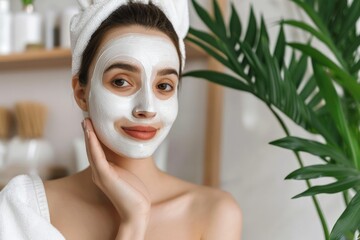 Young Woman with Facial Mask Enjoying Spa Day at Home. Generative AI.