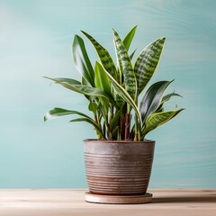 A beautiful snake plant in a pot on a wooden table