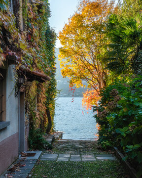 Scenic late afternoon sight in Orta San Giulio during fall season. Province of Novara, Piedmont, Italy.