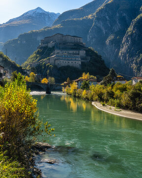 The scenographic Fort Bard in Aosta Valley, northern Italy, on a sunny autumn day.
