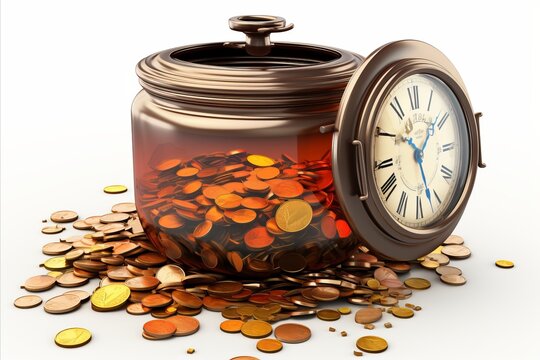 Vintage Clock with Coins in Glass Jar on White Background. Time is Money Concept. Illustrative image