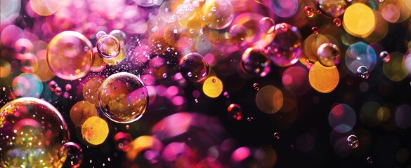The image shows a close-up of a group of colorful bubbles floating in a water. art abstract background - obrazy, fototapety, plakaty