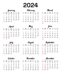 2024 Calendar Vector: Modern, editable, monthly template for efficient planning in English