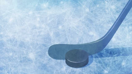 Rolgordijnen Ice hockey horizontal banner with close-up stick and puck and realistic rink, light blue background. Copy space. Vector picture for winter sport and games illustration, web design, printing. © e-salamander