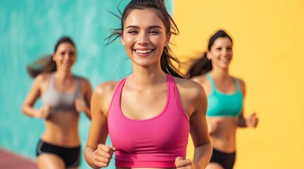 An athletic attractive girl in a top is running. mockup of  sport bra