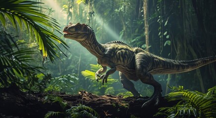 A photorealistic depiction of a massive Tyrannosaurus Rex dinosaur wading through a lush...