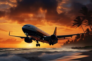 Fototapeta na wymiar Low-Flying Airplane Over Tropical Sunset Beach with Palm Trees, Mountains, and Ocean View