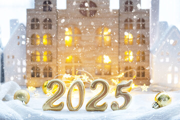 Golden figures number 2025 against the background of cozy windows of a house with warm light with festive decor of stars,snow and garlands. Greeting card, Happy New Year, cozy home