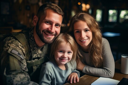 happy soldier with his family posing in front of the camera