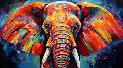 A painted portrait of an elephant's face with vibrant hues that showcases its majestic beauty and charm.