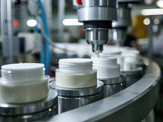 Automated capping machine sealing jars on a production line, symbolizing efficiency in pharmaceutical packaging