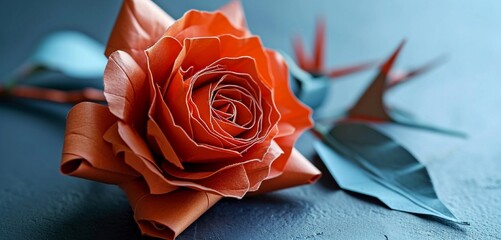 A unique paper quilled rose in a shade of burnt orange, presented against a backdrop of slate blue