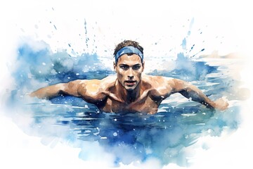 A man swims watercolor. Generation ai