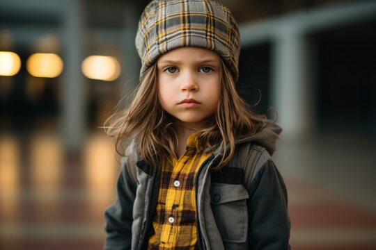 Portrait of a cute little girl in a cap and coat.