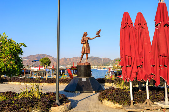 August 9, 2023 Marmaris Turkey. Illustrative editorial. Sculpture of a woman with a dove, symbol of peace