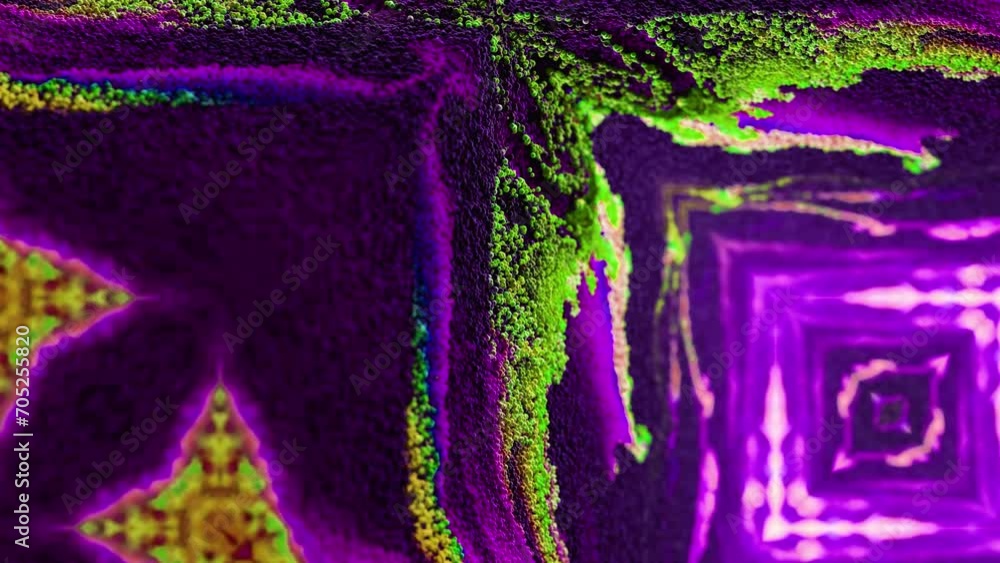 Poster abstract multicolored particles fluid isolated on black. fluid art flowing effect. psychedelic color