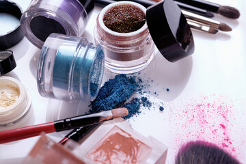 Professional cosmetics and brushes for make-up on a white background