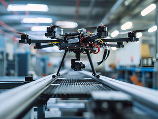 Obraz premium High-tech drone over conveyor belt, illustrating the use of UAVs for advanced industrial monitoring