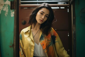 young pretty asian woman in fashion yellow coat posing in vintage train, lifestyle people concept