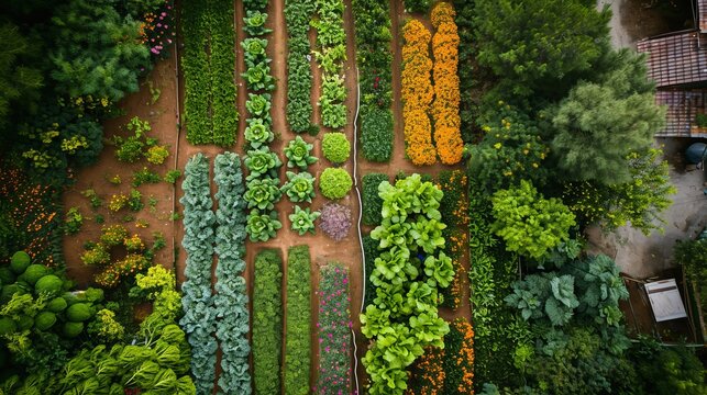 Raised Bed Vegetable Garden From Above, And Trees Surrounding It, Many Raised Beds, Permaculture, Urban, City,  Areal View, From Above