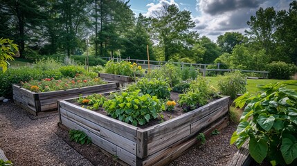 raised bed vegetable garden, and trees surrounding it, many raised beds, permaculture,  - obrazy, fototapety, plakaty