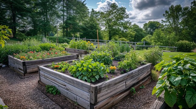 raised bed vegetable garden, and trees surrounding it, many raised beds, permaculture, 
