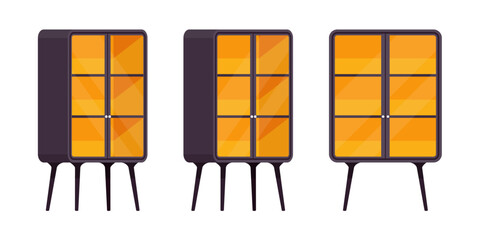 Small bookcase black accent set, solid hardwood storage unit, wood feet. Living or study room book display cabinet. Vector flat style cartoon home, office furniture objects isolated, white background