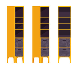 Tall cabinet set, narrow yellow, black bookshelf display. Freestanding study room, bathroom organizer shelf storage. Vector flat style cartoon home, office furniture objects isolated, white background