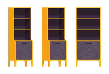 Cupboard accent set, kitchen storage open shelf display cabinet organizer. Bedroom, bathroom, living room decor. Vector flat style cartoon home, office furniture objects isolated on white background