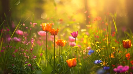 A vivid meadow bursting with spring's blooming flowers