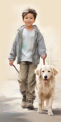 boy walking with his golden retriever