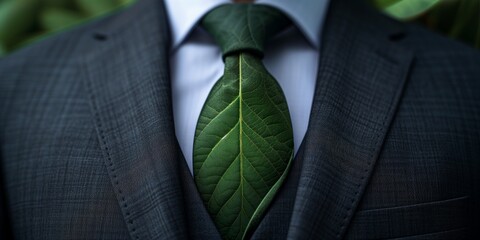 Businessman in a suit wears a tie made of green leaves, symbolizing environmental consciousness. promotes sustainability Ideal for eco-conscious and sustainable business themes