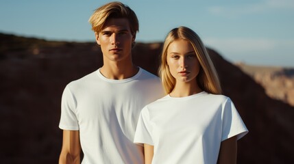 Young couple model wearing minimalist white t-shirt standing on the edge of a cliff ,Fashion commercial portrait. - obrazy, fototapety, plakaty