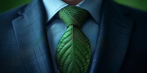 Businessman in a suit wears a tie made of green leaves, symbolizing environmental consciousness. promotes sustainability Ideal for eco-conscious and sustainable business themes - obrazy, fototapety, plakaty