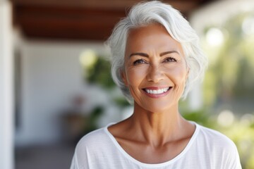 smiling senior woman with vitiligo or wrinkles on forehead at home