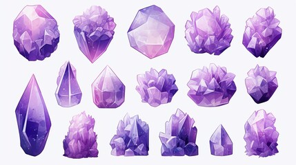 An illustration of an amethyst crystal, purple quartz, raw gemstone, and amethyst druse pattern based on the combination of each. - obrazy, fototapety, plakaty