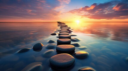 At sunset, the ocean is lined with 3d stepping stones