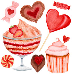 Watercolor set, dessert, candies, cupcake, lollipop, cookies isolated on a white background. For various products etc.