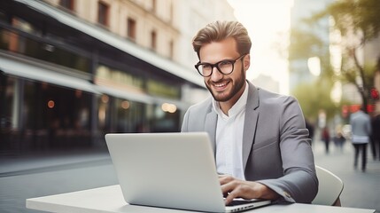 Business education, technology, and people come together in the form of a smiling businessman working on a laptop computer on a city street.