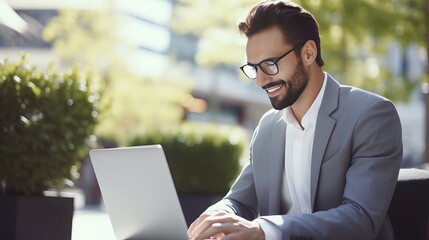 Business education, technology, and people come together in the form of a smiling businessman working on a laptop computer on a city street.