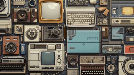 High-resolution backgrounds with an array of vintage tech items for design projects - obrazy, fototapety, plakaty