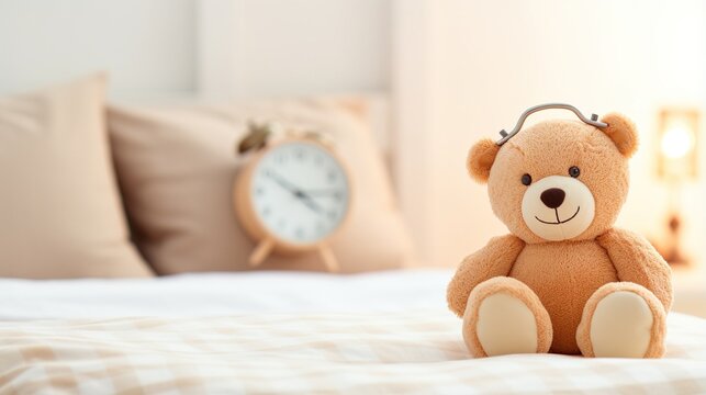 A cute teddy bear sits on a bed with a clock in the background