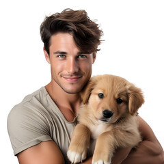 Happy young man with hugging cute puppy, smiling as pet owner holding baby dog with love and care  in studio, isolated on transparent background Generative AI	
