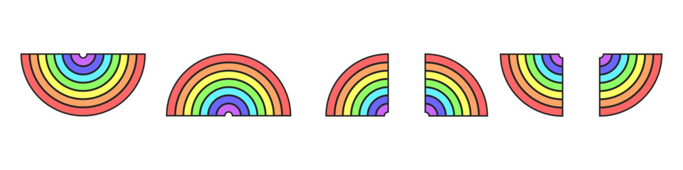 Simple rainbow shape vector set. Weather symbol rainbow in the sky simple icon. Half colored rainbow icon. Vector illustration. Flat stylish rainbow.