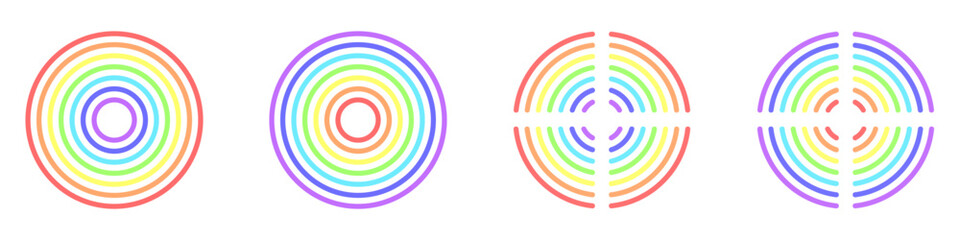 Round rainbow vector icon set. Seven tone rainbow icon. Colored rainbow circles. Colored rings vector. Vector illustration.