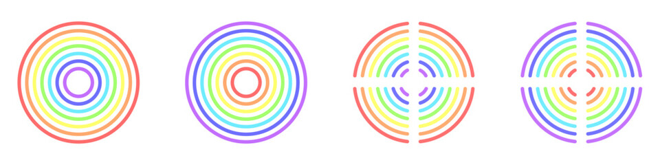 Round rainbow vector icon set. Seven tone rainbow icon. Colored rainbow circles. Colored rings vector. Vector illustration.