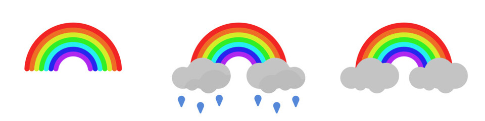 Rainbow set of vector icons. Icon of a rainbow on a cloud with rain. Weather conditions rainbow, clouds, rain. Colorful rainbow vector. A rainbow in the sky. Seven primary colors.