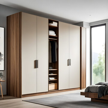 Large, contemporary bedroom featuring a wooden wardrobe